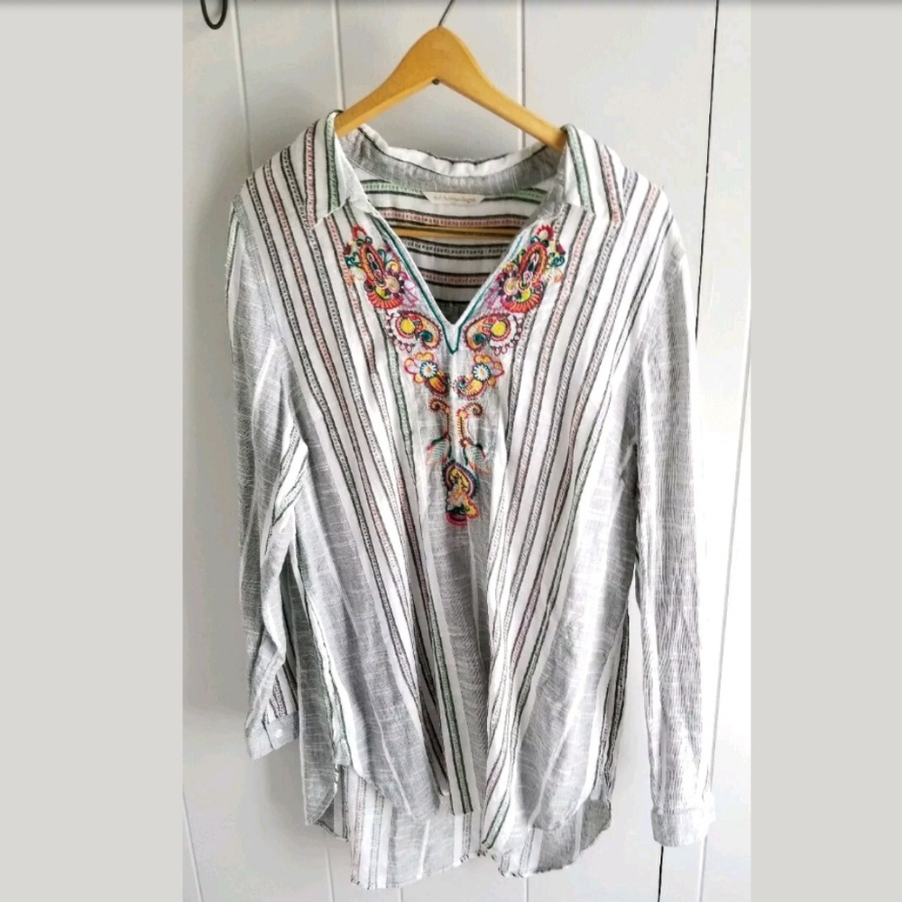 Soft Surroundings Striped Embroidered Boho Top L